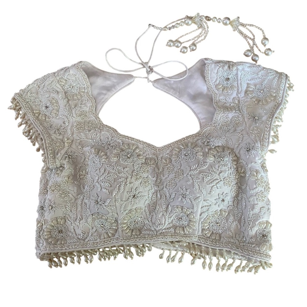 Hand Embroidered Beaded Scollop Floral Pearl White Ivory Bridal Indian Lengha XS